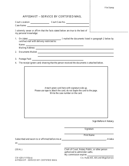 Form CIV-620 Affidavit - Service by Certified Mail - Alaska