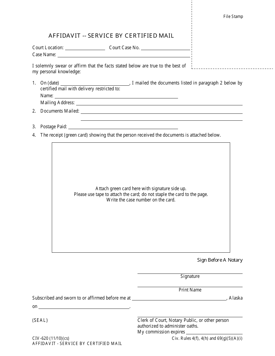 Form CIV-620 Affidavit - Service by Certified Mail - Alaska, Page 1
