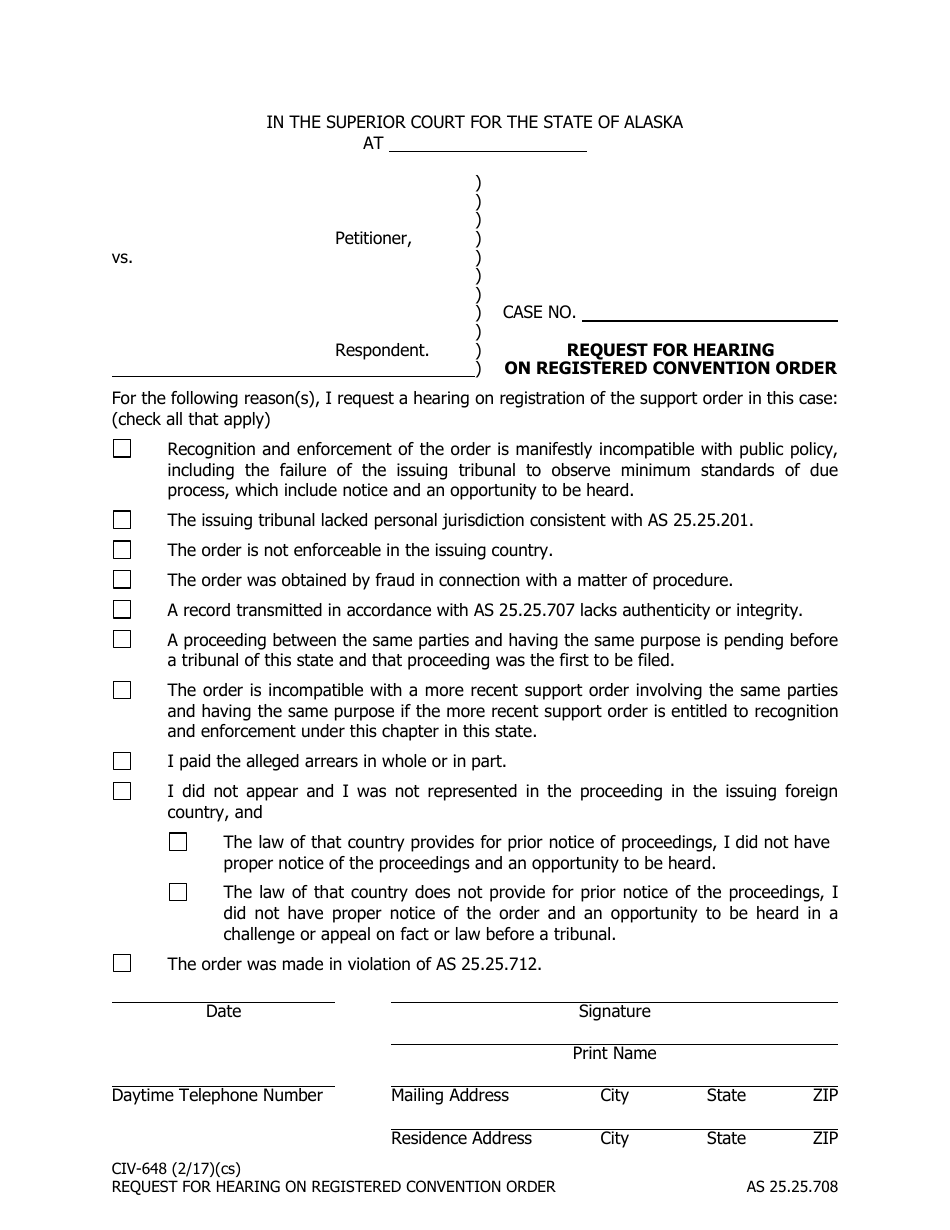 Form CIV-648 Request for Hearing on Registered Convention Order - Alaska, Page 1