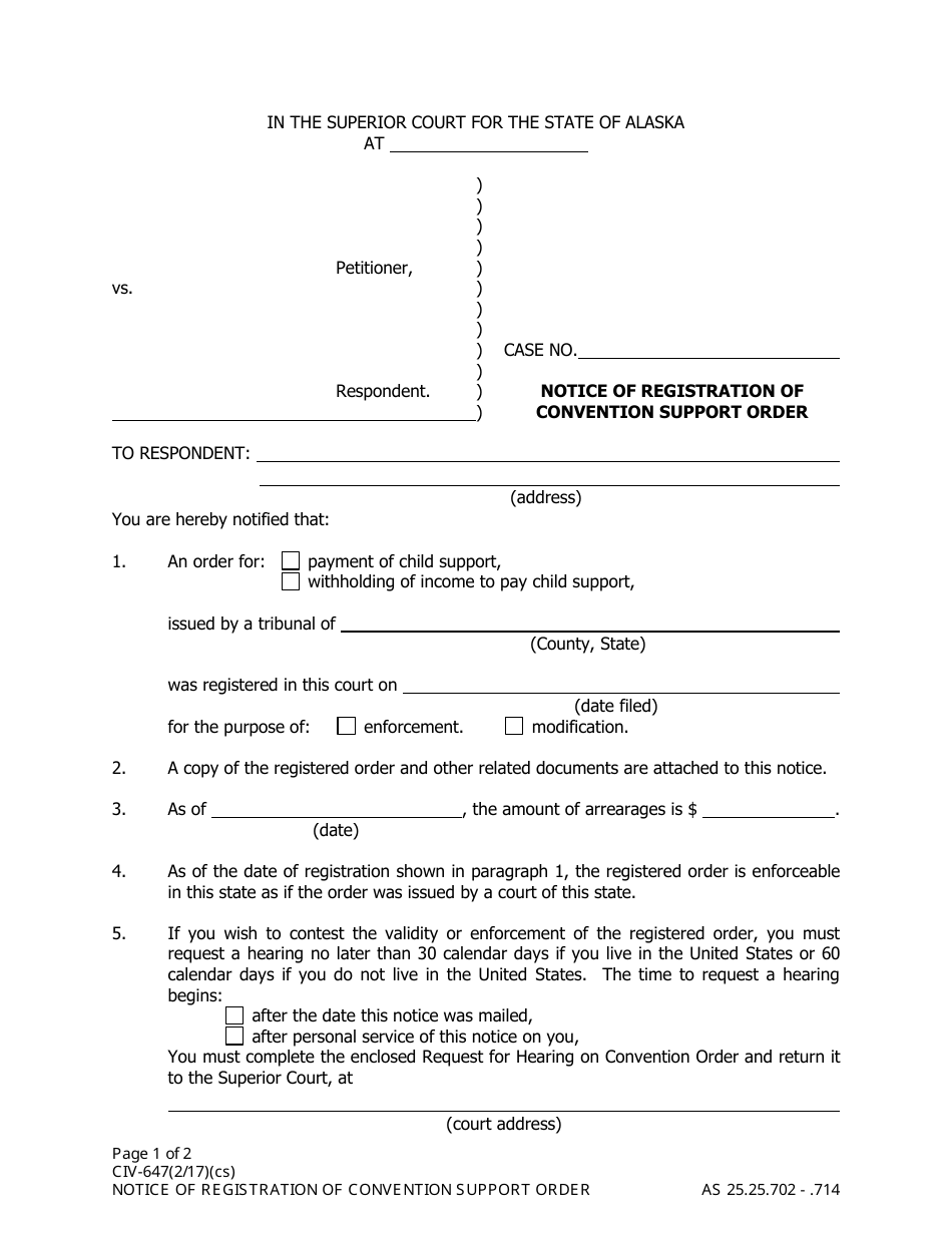 Form CIV-647 Notice of Registration of Convention Support Order - Alaska, Page 1