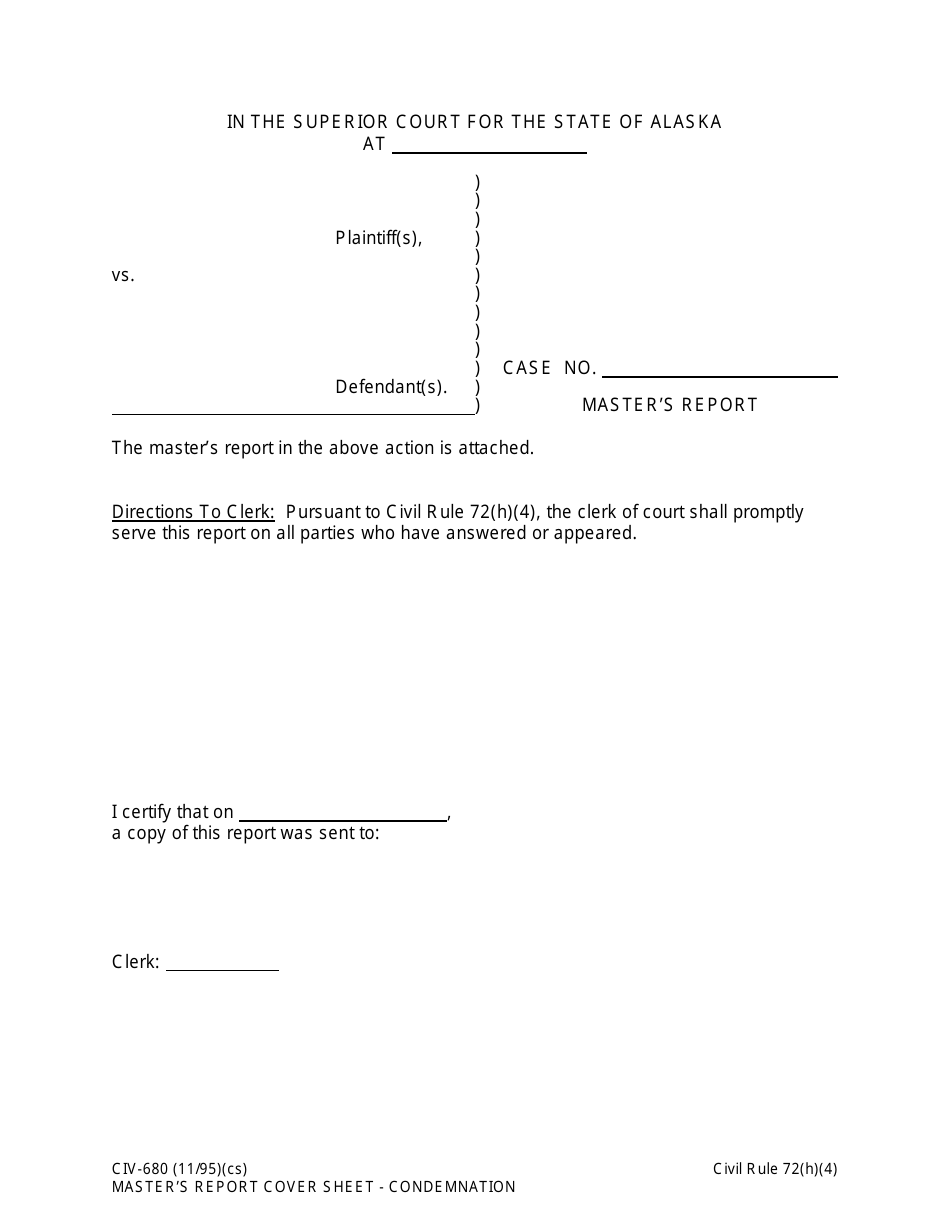 Form CIV-680 Masters Report Cover Sheet - Condemnation - Alaska, Page 1