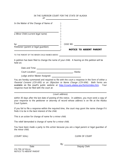 Form CIV-706 Notice to Absent Parent - Alaska