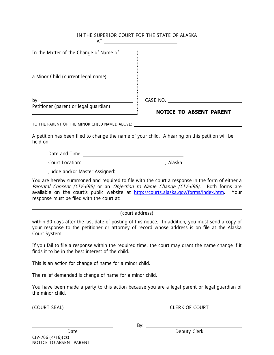 Form CIV-706 Notice to Absent Parent - Alaska, Page 1