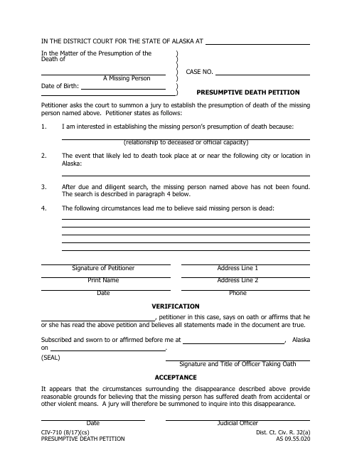 Form CIV-710 Presumptive Death Petition - Alaska