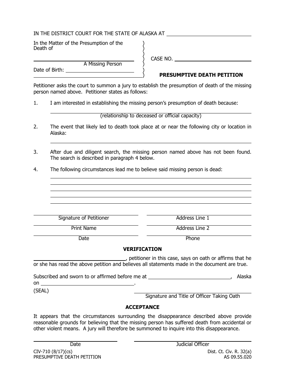 Form CIV-710 Presumptive Death Petition - Alaska, Page 1
