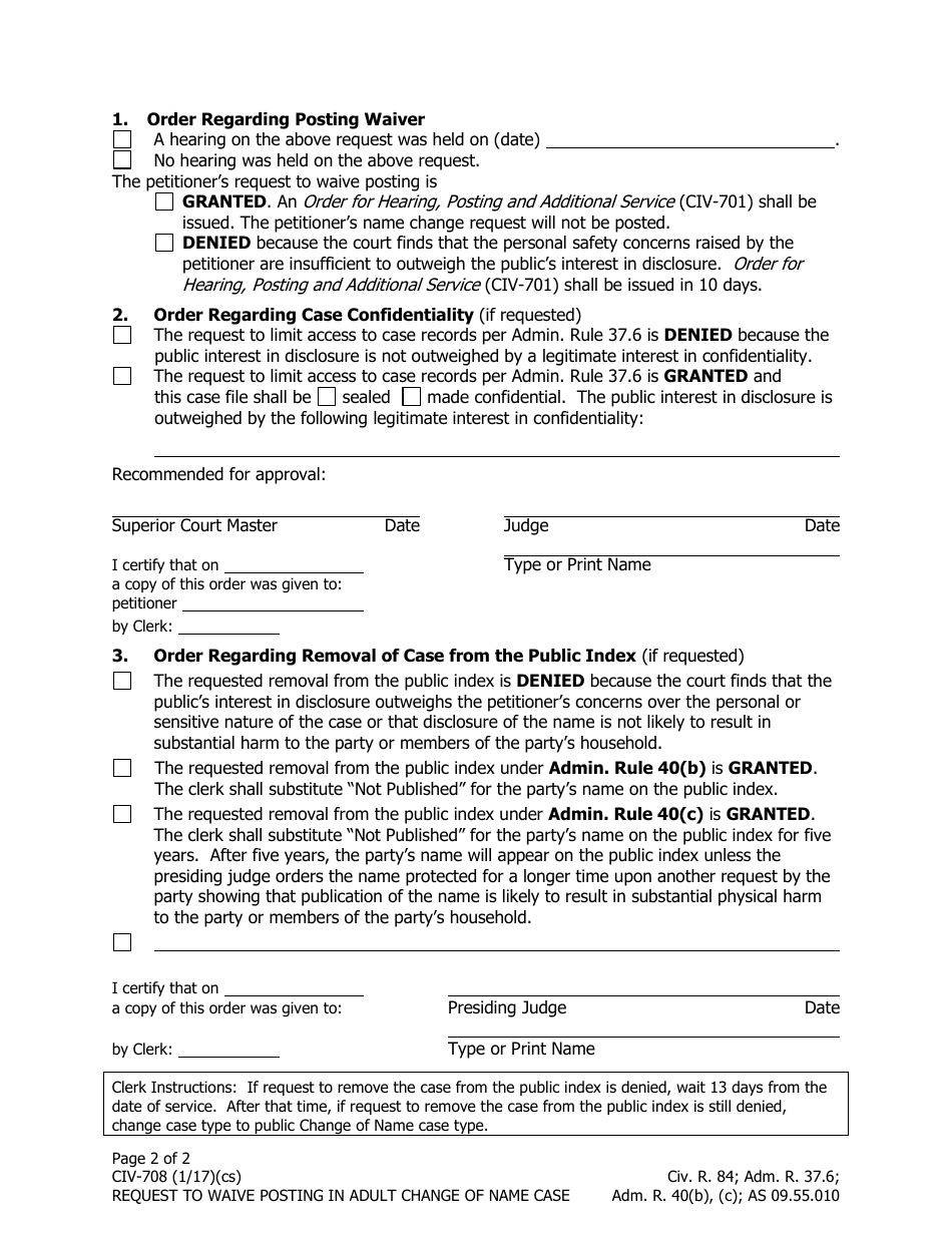 Form CIV-708 Request to Waive Posting in Adult Name Change Case - Alaska, Page 2