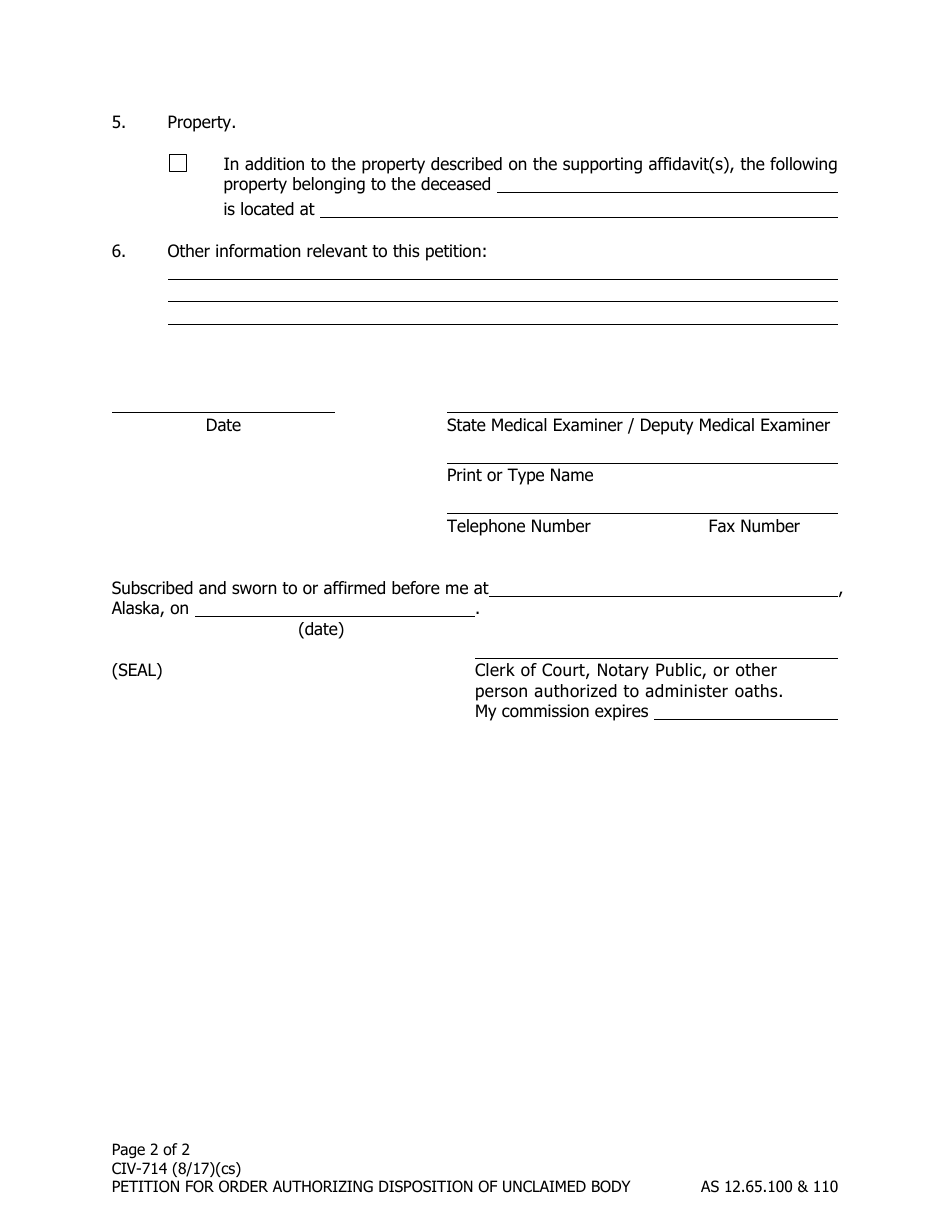 Form CIV-714 Petition for Order Authorizing Disposition of Unclaimed Body (Under as 12.65.100) - Alaska, Page 2