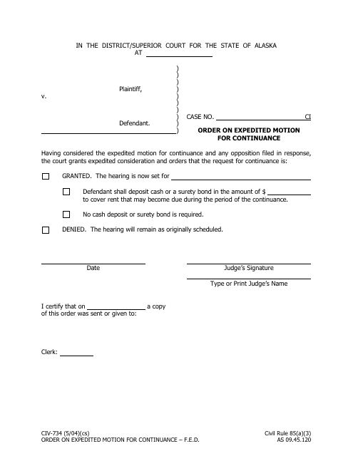 Form CIV-734 Order on Expedited Motion for Continuance - Alaska