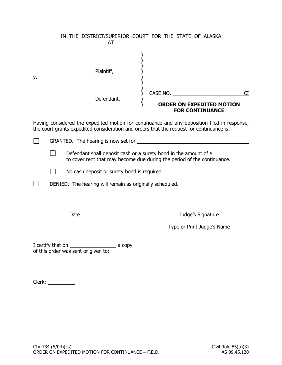 Form CIV-734 Order on Expedited Motion for Continuance - Alaska, Page 1