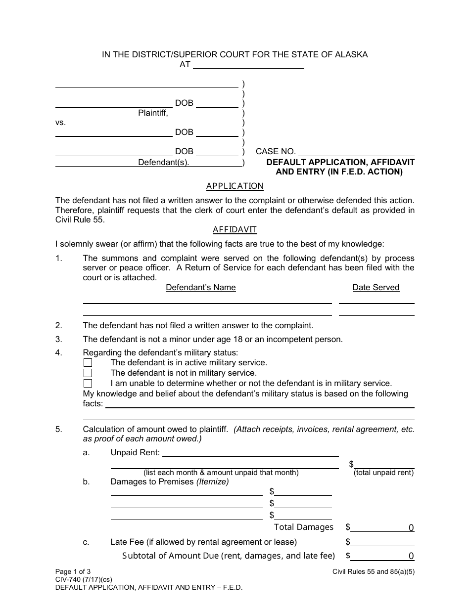 Form CIV-740 Default Application, Affidavit and Entry (In F.e.d. Action) - Alaska, Page 1