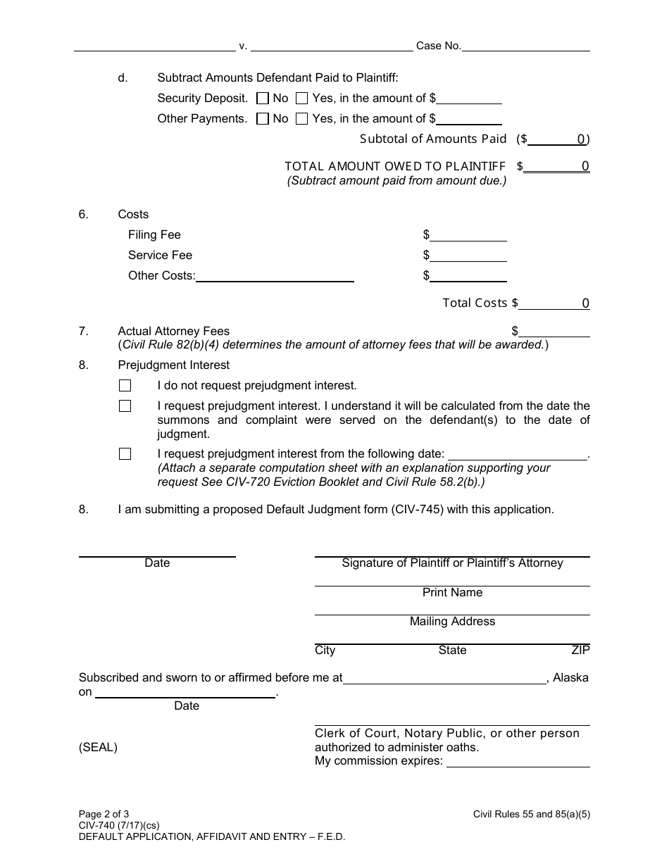 Form CIV-740 Default Application, Affidavit and Entry (In F.e.d. Action) - Alaska, Page 2