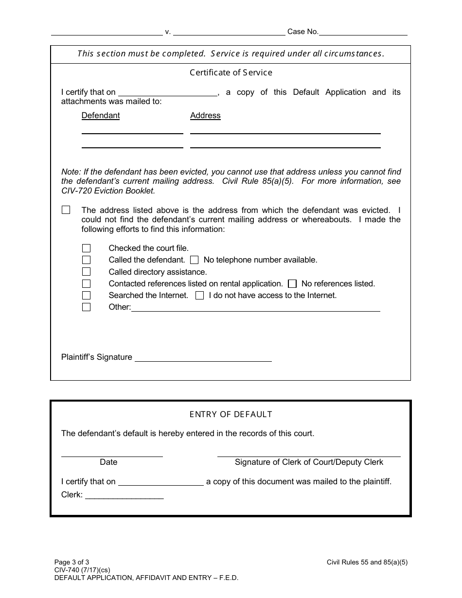Form CIV-740 Default Application, Affidavit and Entry (In F.e.d. Action) - Alaska, Page 3