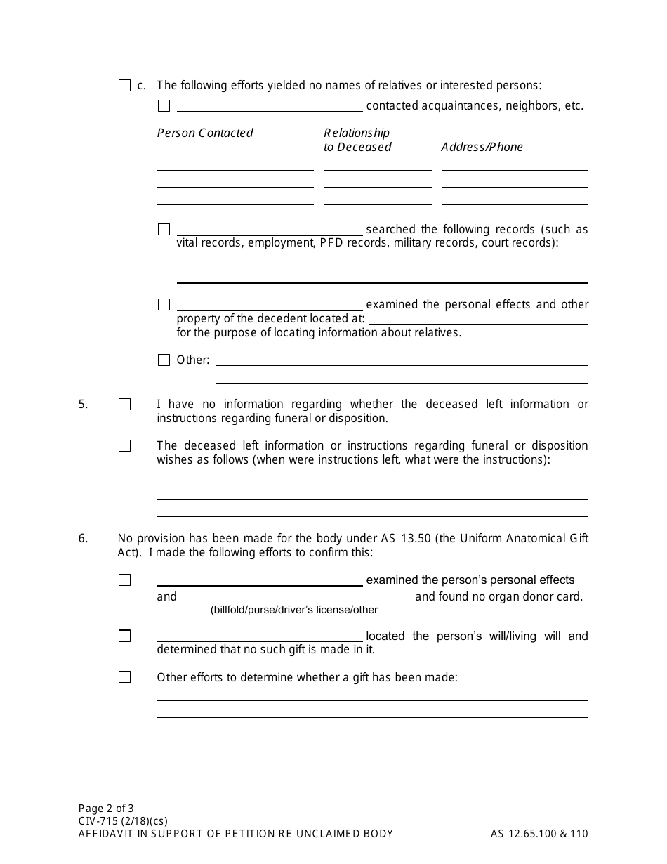 Form CIV-715 Affidavit in Support of Petition for Order Authorizing Disposition of Unclaimed Body (Under as 12.65.100) - Alaska, Page 2