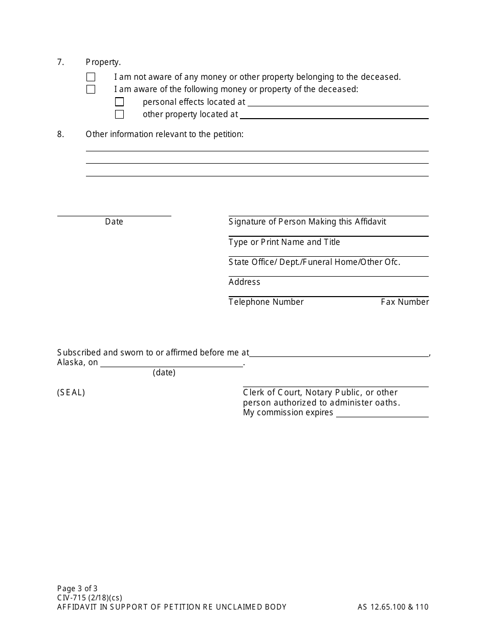 Form CIV-715 Affidavit in Support of Petition for Order Authorizing Disposition of Unclaimed Body (Under as 12.65.100) - Alaska, Page 3