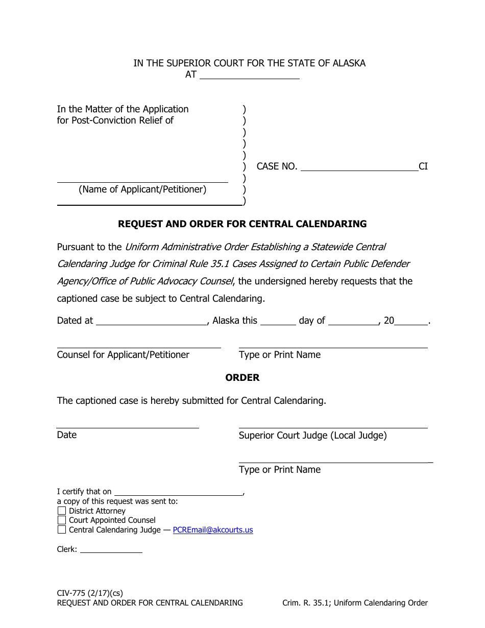 Form CIV-775 Request and Order for Central Calendaring - Alaska, Page 1