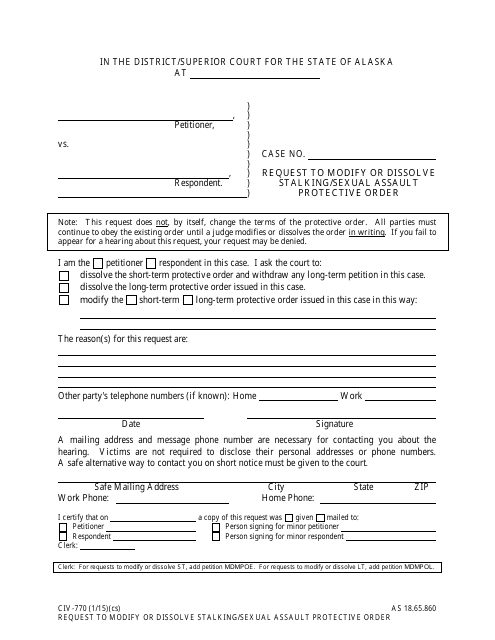 Form CIV-770 Request to Modify or Dissolve Stalking/Sexual Assault Protective Order - Alaska