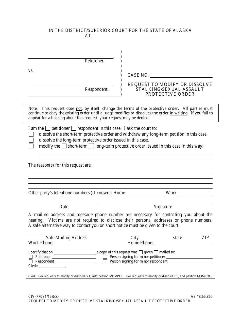 Form CIV-770 Request to Modify or Dissolve Stalking / Sexual Assault Protective Order - Alaska, Page 1
