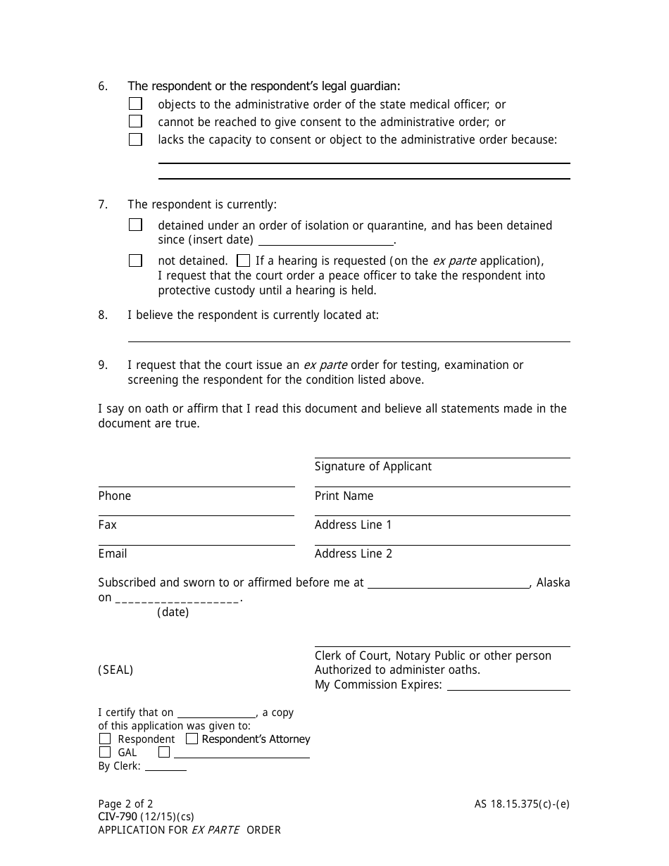 Form CIV-790 Application for Ex Parte Order for Testing, Examination, or Screening - Alaska, Page 2