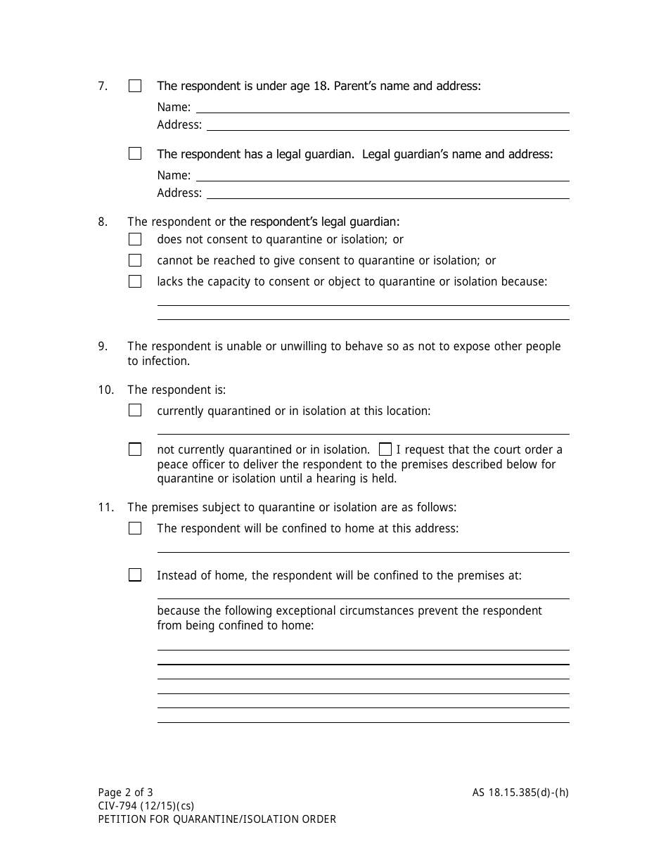 Form CIV-794 Petition for Quarantine or Isolation - Alaska, Page 2