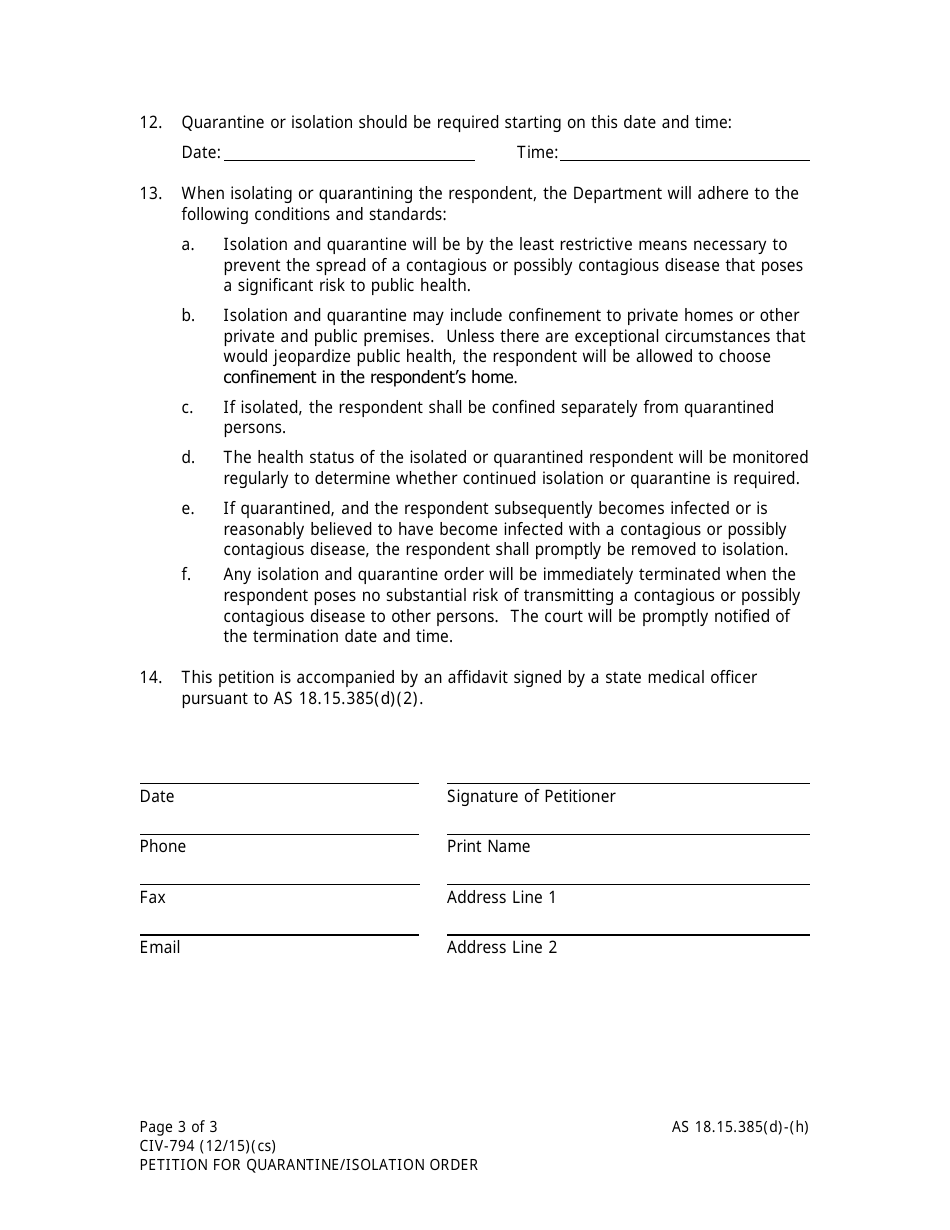 Form CIV-794 Petition for Quarantine or Isolation - Alaska, Page 3