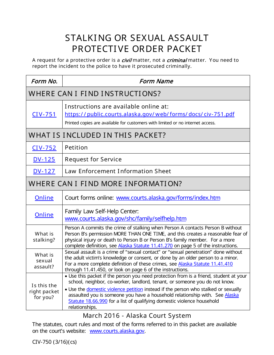 Form CIV-750 Stalking or Sexual Assault Protective Order Packet - Alaska, Page 1