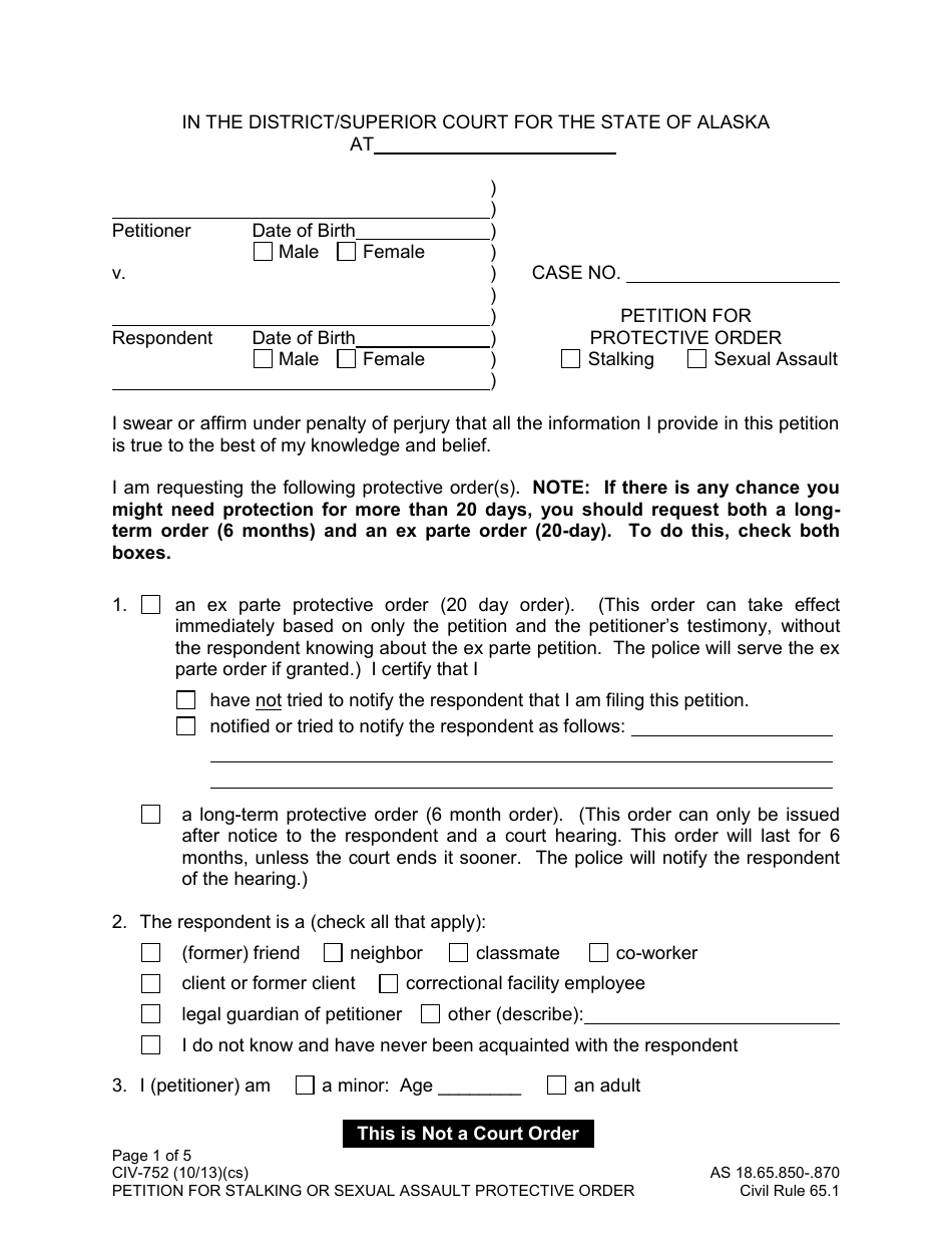 Form CIV-750 Stalking or Sexual Assault Protective Order Packet - Alaska, Page 2