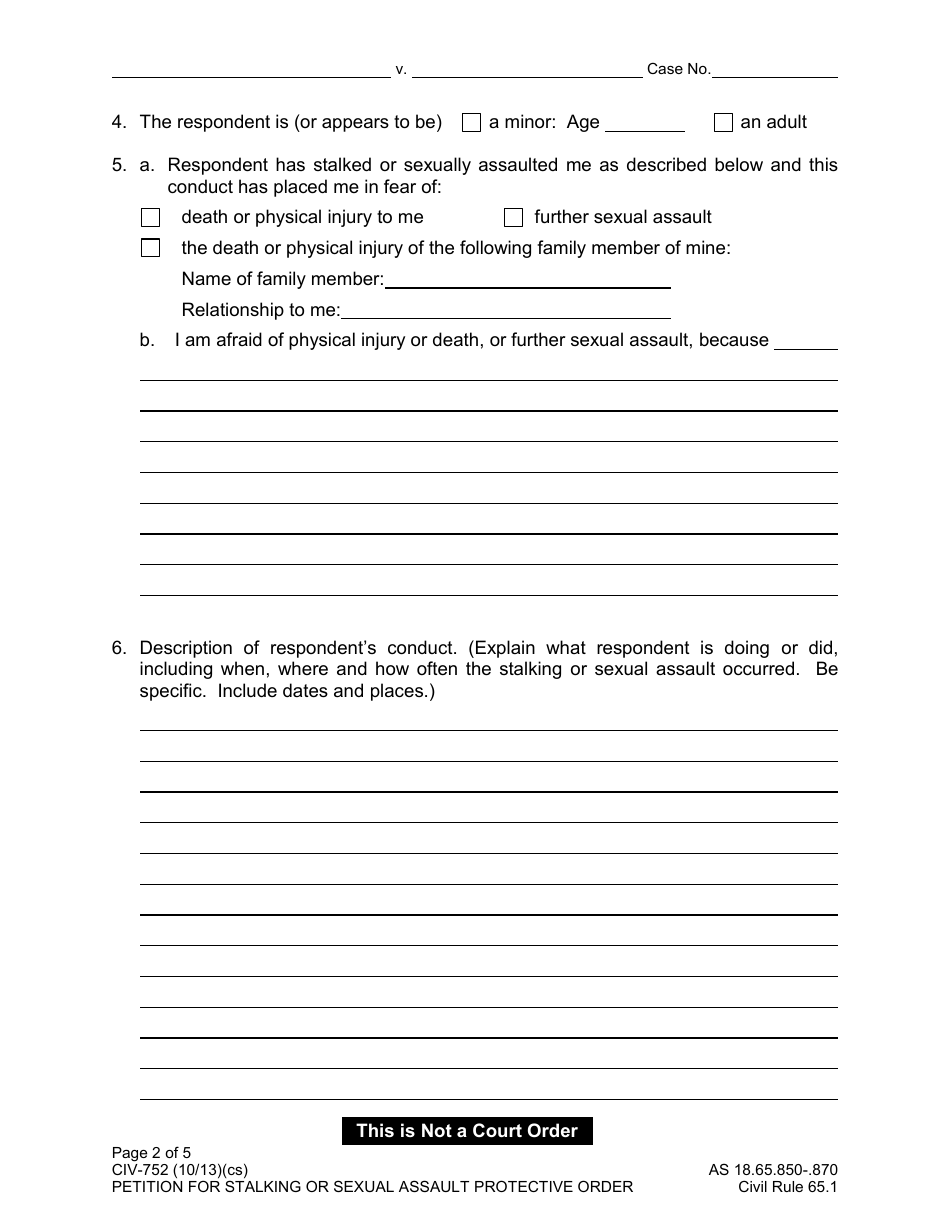 Form CIV-750 Stalking or Sexual Assault Protective Order Packet - Alaska, Page 3