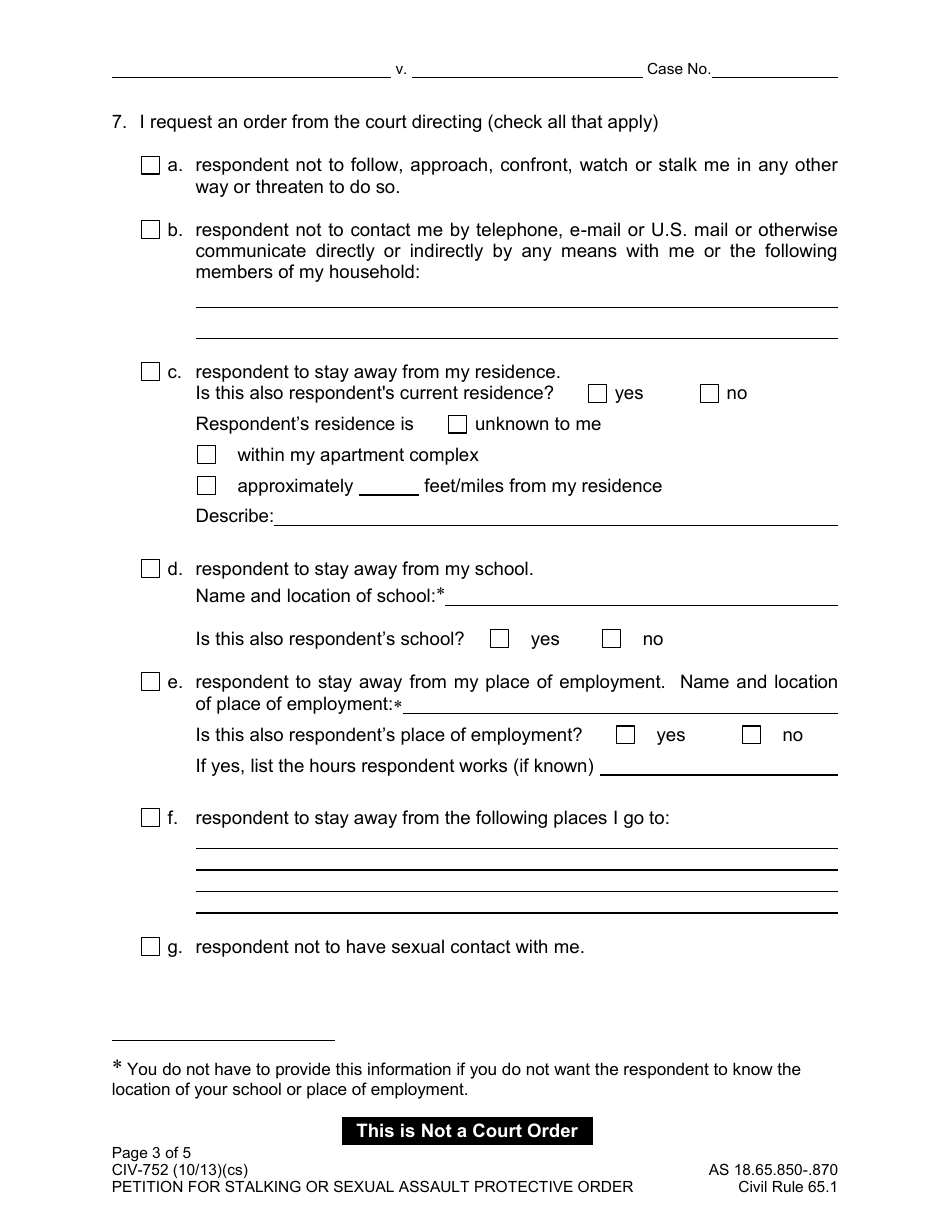 Form CIV-750 Stalking or Sexual Assault Protective Order Packet - Alaska, Page 4