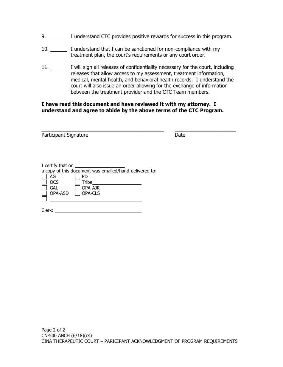 Form CN-500 ANCH Cina Therapeutic Court - Participant Acknowledgment of Program Requirements - Municipality of Anchorage, Alaska, Page 2