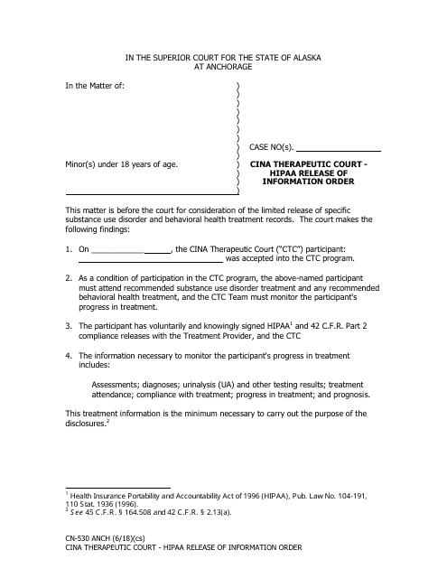 Form CN-530 ANCH Cina Therapeutic Court - HIPAA Release of Information Order - Municipality of Anchorage, Alaska