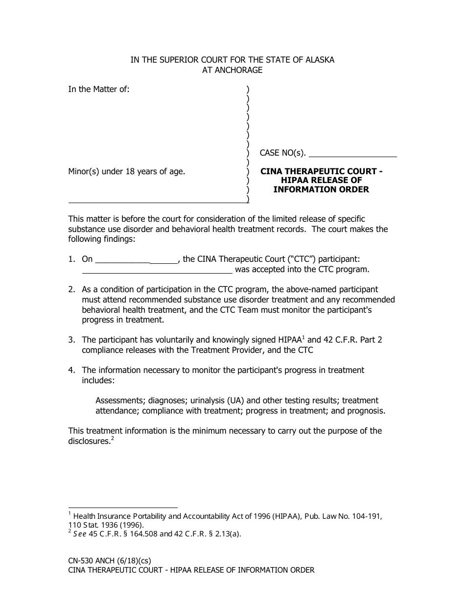 Form CN-530 ANCH Cina Therapeutic Court - HIPAA Release of Information Order - Municipality of Anchorage, Alaska, Page 1