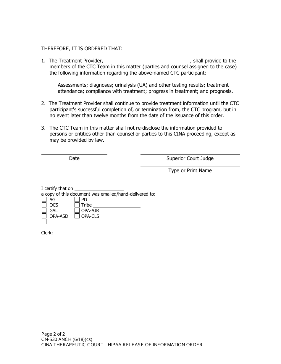 Form CN-530 ANCH Cina Therapeutic Court - HIPAA Release of Information Order - Municipality of Anchorage, Alaska, Page 2