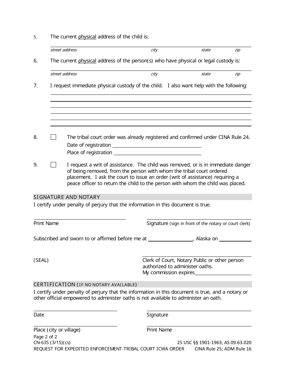 Form CN-635 Request for Expedited (Speedy) Enforcement of Tribal Court Icwa Custody Order (Cina R. 25) - Alaska, Page 2