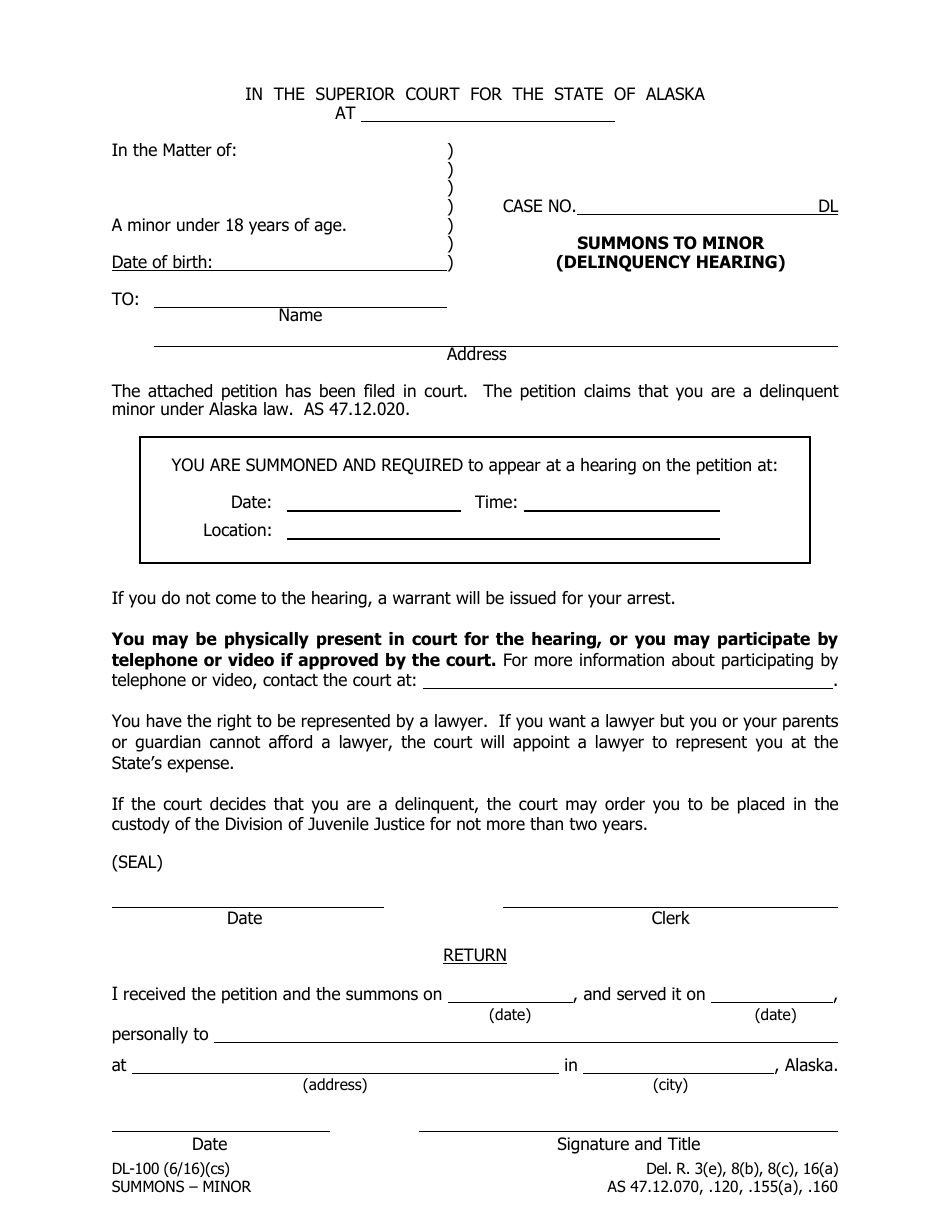 Form DL-100 Summons to Minor (Delinquency Hearing) - Alaska, Page 1