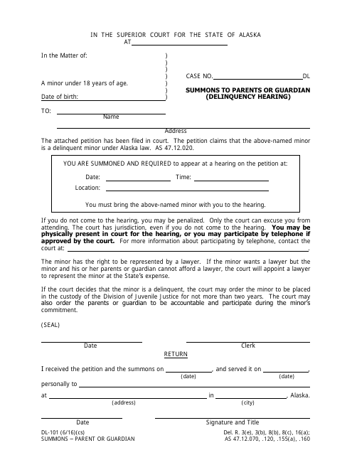 Form DL-101 Summons to Parents or Guardian (Delinquency Hearing) - Alaska