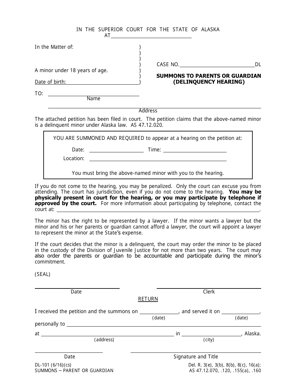 Form DL-101 Summons to Parents or Guardian (Delinquency Hearing) - Alaska, Page 1