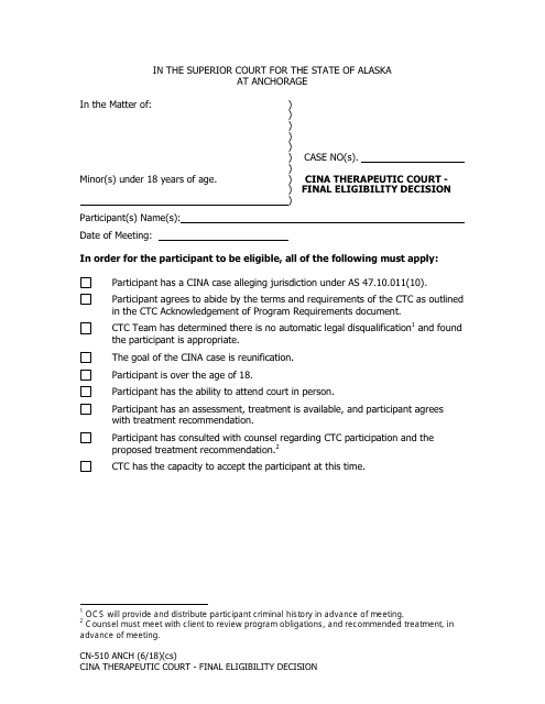 Form CN-510 ANCH Cina Therapeutic Court - Final Eligibility Decision - Municipality of Anchorage, Alaska