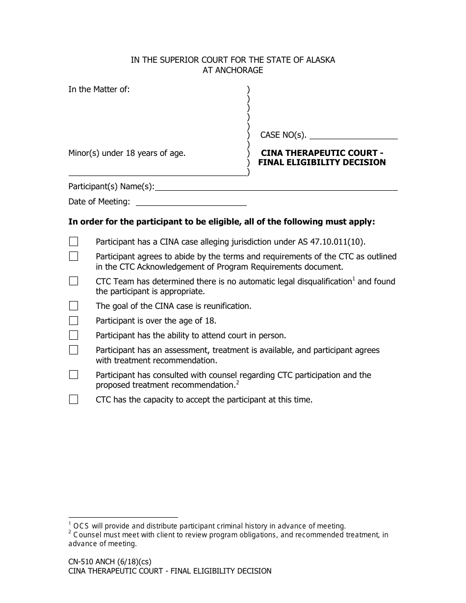 Form CN-510 ANCH Cina Therapeutic Court - Final Eligibility Decision - Municipality of Anchorage, Alaska, Page 1