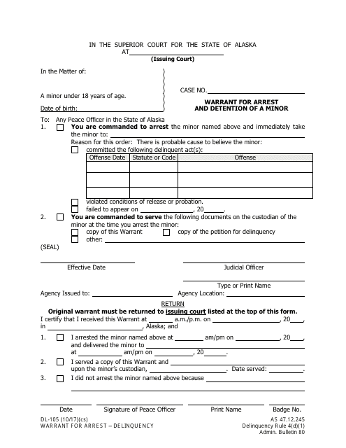 Form DL-105 Warrant for Arrest and Detention of a Minor - Alaska