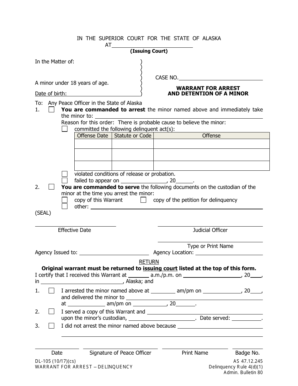 Form DL-105 Warrant for Arrest and Detention of a Minor - Alaska, Page 1
