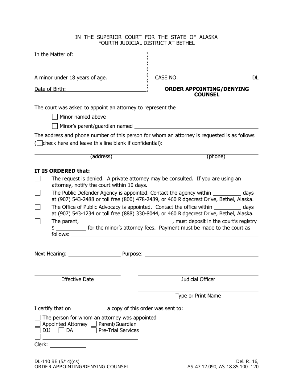 Form DL-110 BE Order Appointing / Denying Counsel - City of Bethel, Alaska, Page 1