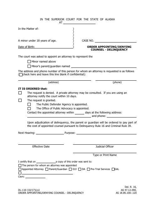 Form DL-110 Order Appointing/Denying Counsel - Delinquency - Alaska