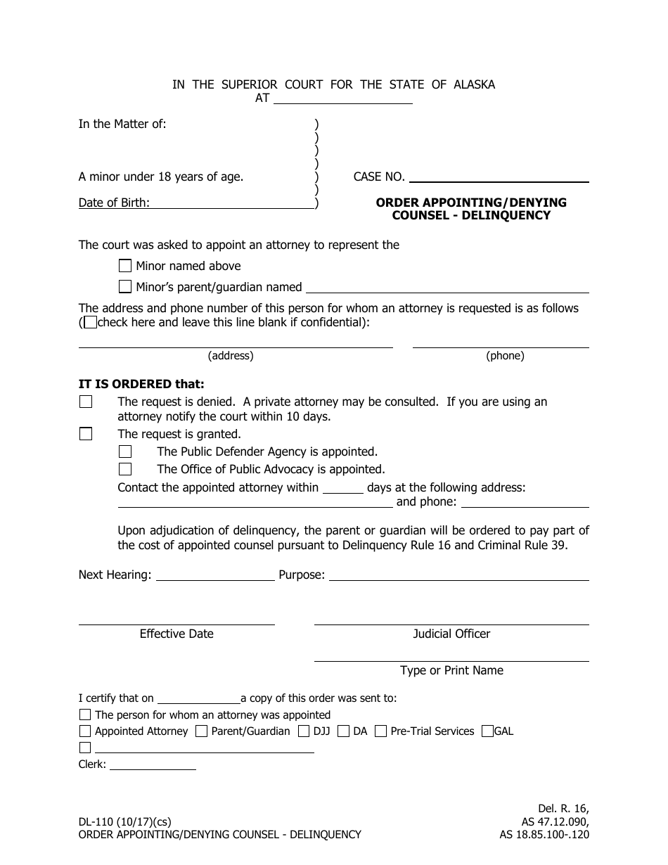 Form DL-110 Order Appointing / Denying Counsel - Delinquency - Alaska, Page 1