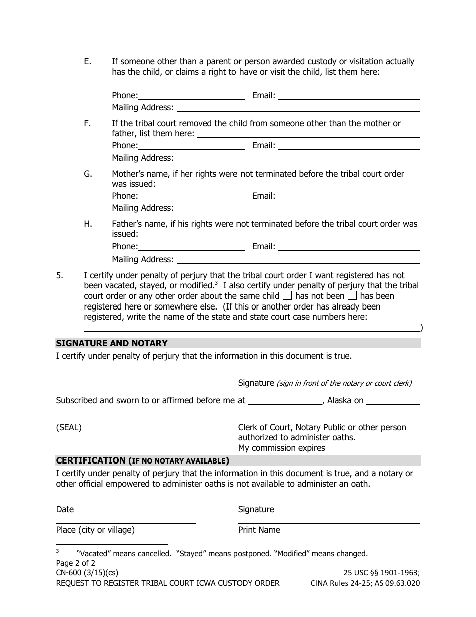 Form CN-600 Request to Register Tribal Court Icwa Custody Order - Alaska, Page 2