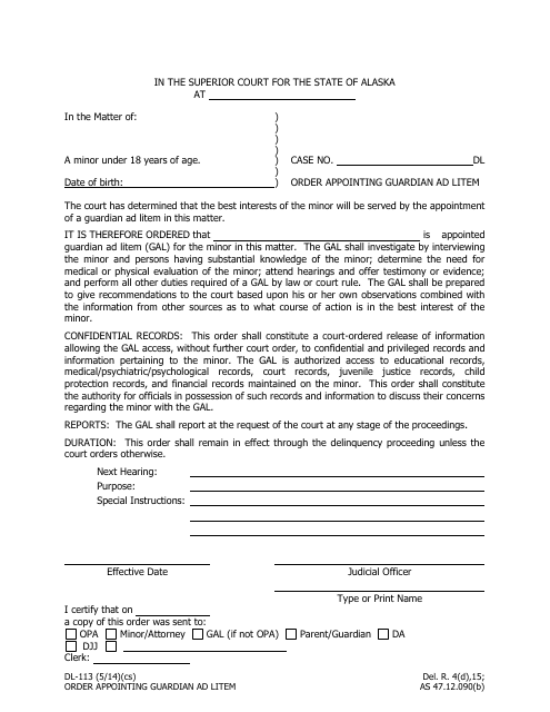 Form DL-113 Order Appointing Guardian Ad Litem - Alaska