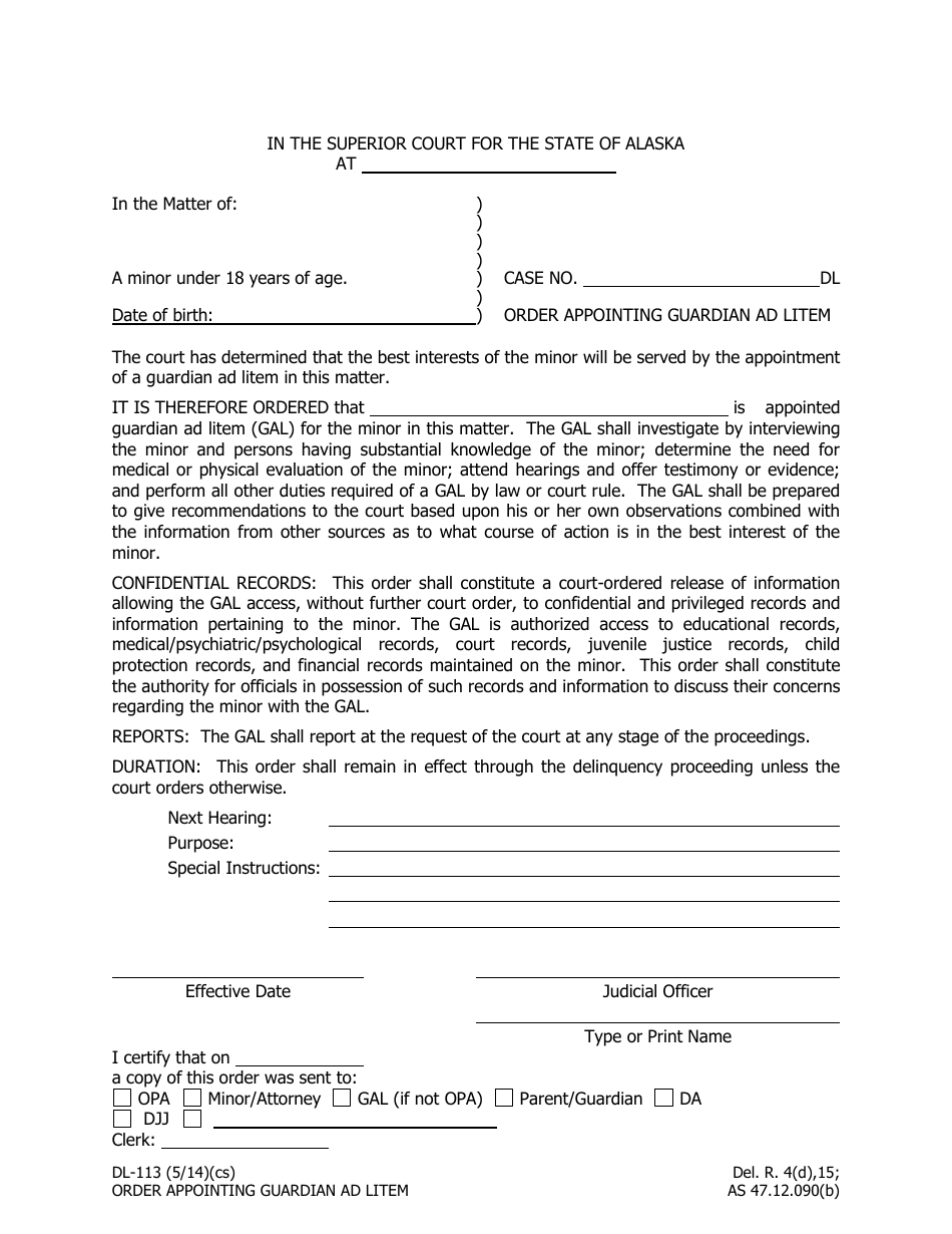 Form DL-113 Order Appointing Guardian Ad Litem - Alaska, Page 1