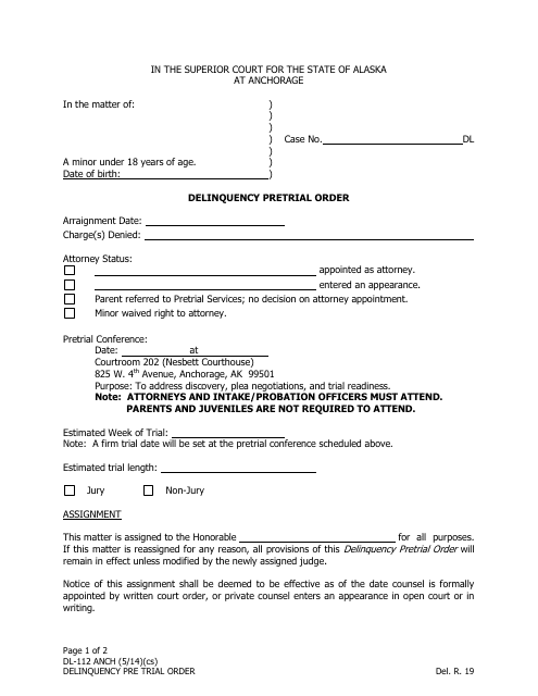 Form DL-112 ANCH Delinquency Pretrial Order - Municipality of Anchorage, Alaska