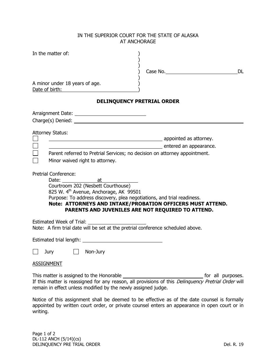 Form DL-112 ANCH Delinquency Pretrial Order - Municipality of Anchorage, Alaska, Page 1