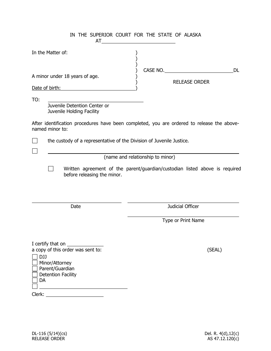 Form DL-116 Release Order - Alaska, Page 1