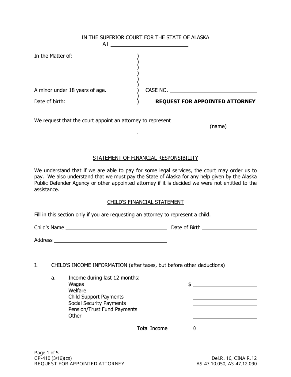 Form CP-410 Request for Appointed Attorney - Alaska, Page 1